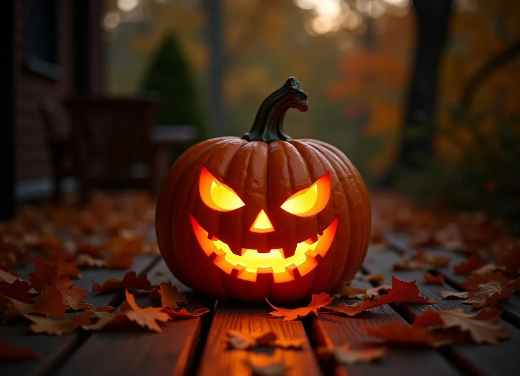 Jack-o-lantern glowing on a wooden porch with autumn leaves