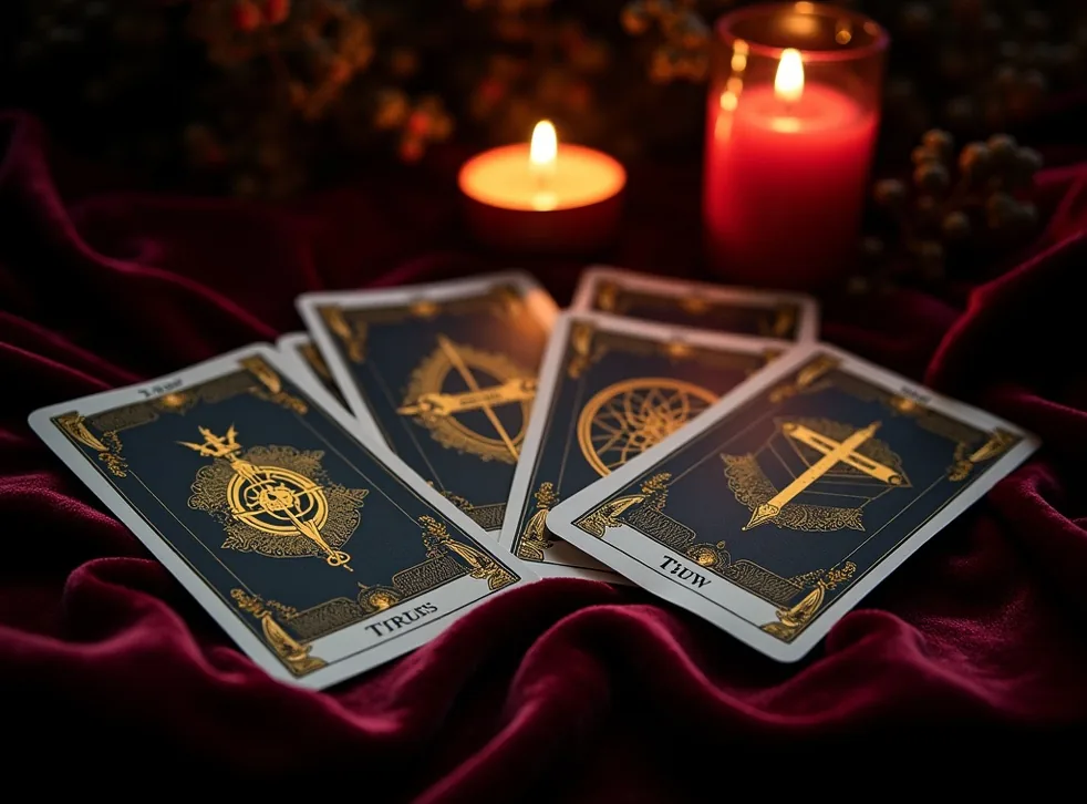 Tarot cards spread on dark velvet by candlelight