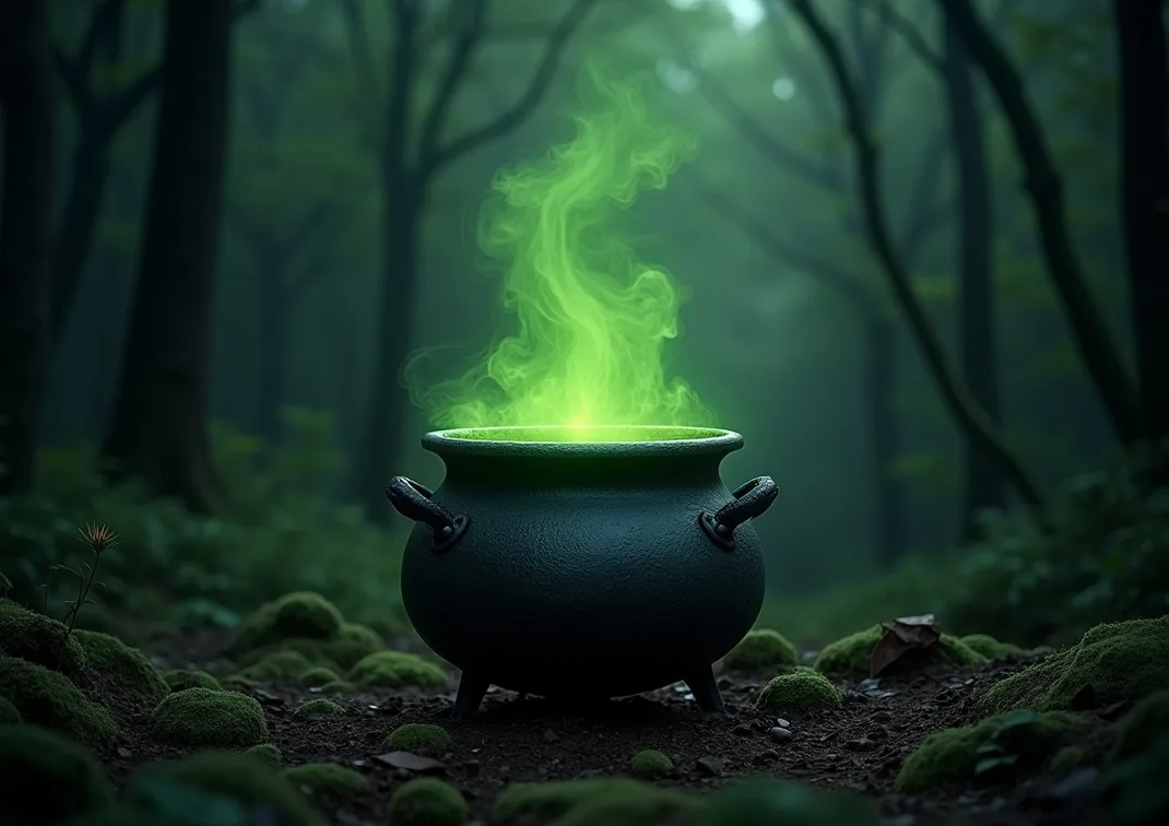 Witch cauldron with bubbling green potion in a dark forest