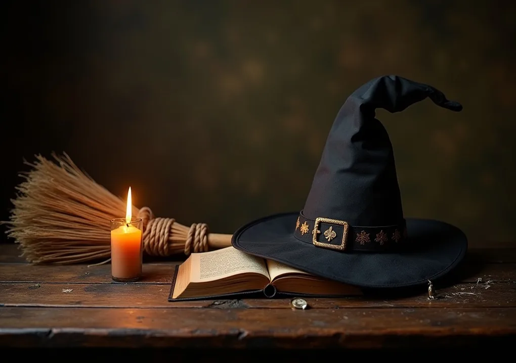 Witch hat, broomstick and spellbook on a wooden table